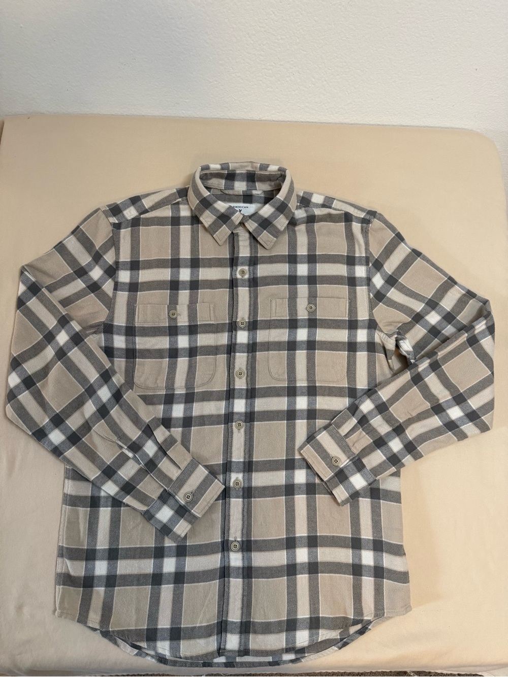 American Eagle Outfitters Beige & Gray Plaid Button-Up Shirt